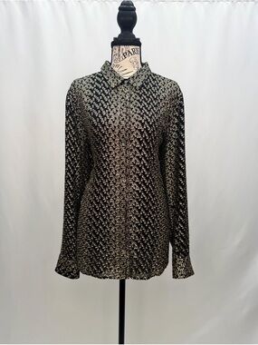 Equipment Femme Black & Gold Metallic Silk Button Down Blouse | Size XL